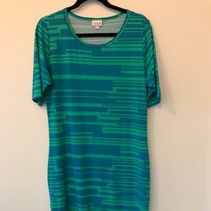 LuLaRoe Julia dress blue and green print